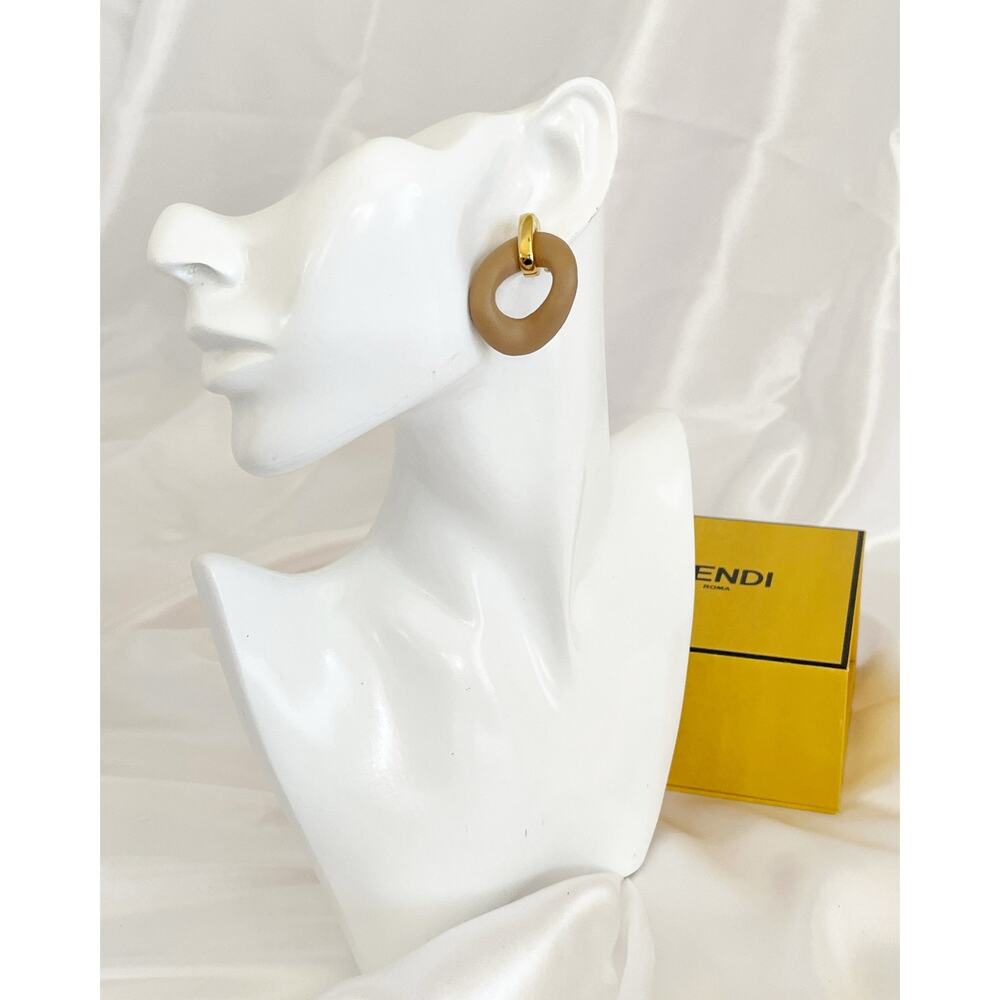 FENDI FILO Leather Stud Earrings Beige Hoop Design Pierced Gold Tone Hardware - Picture 10 of 11